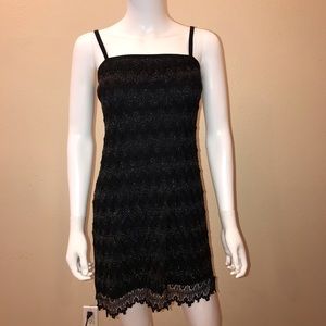 Vintage y2k Black Mini Dress Sz Medium Jr Silver Metallic Sleeveless Lace Trim
